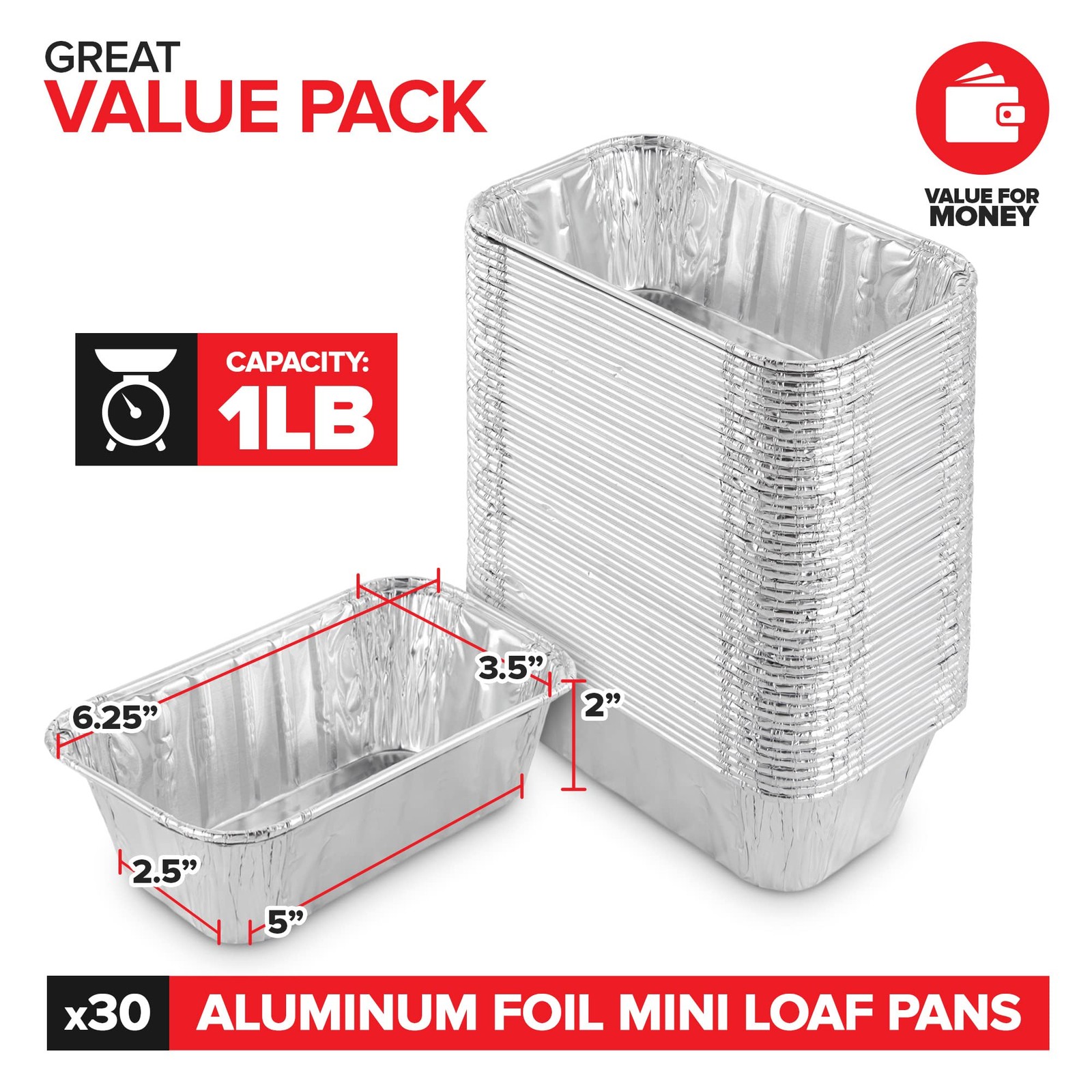 Stock Your Home 1 Lb Aluminum Foil Mini Loaf Pans (30 Pack) 30 Pack, Silver