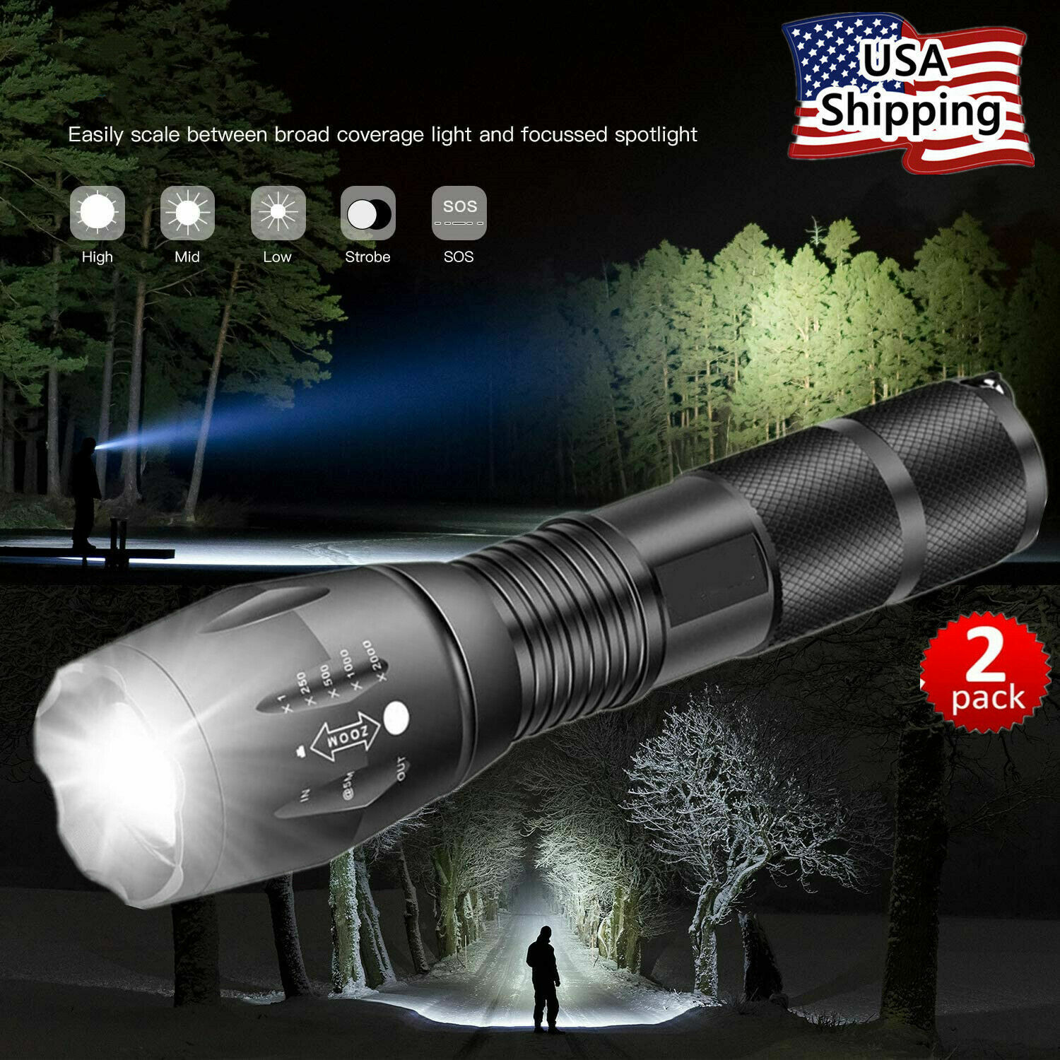 Super-Bright LED Tactical Flashlight 5 Modes Zoomable 2-Pack