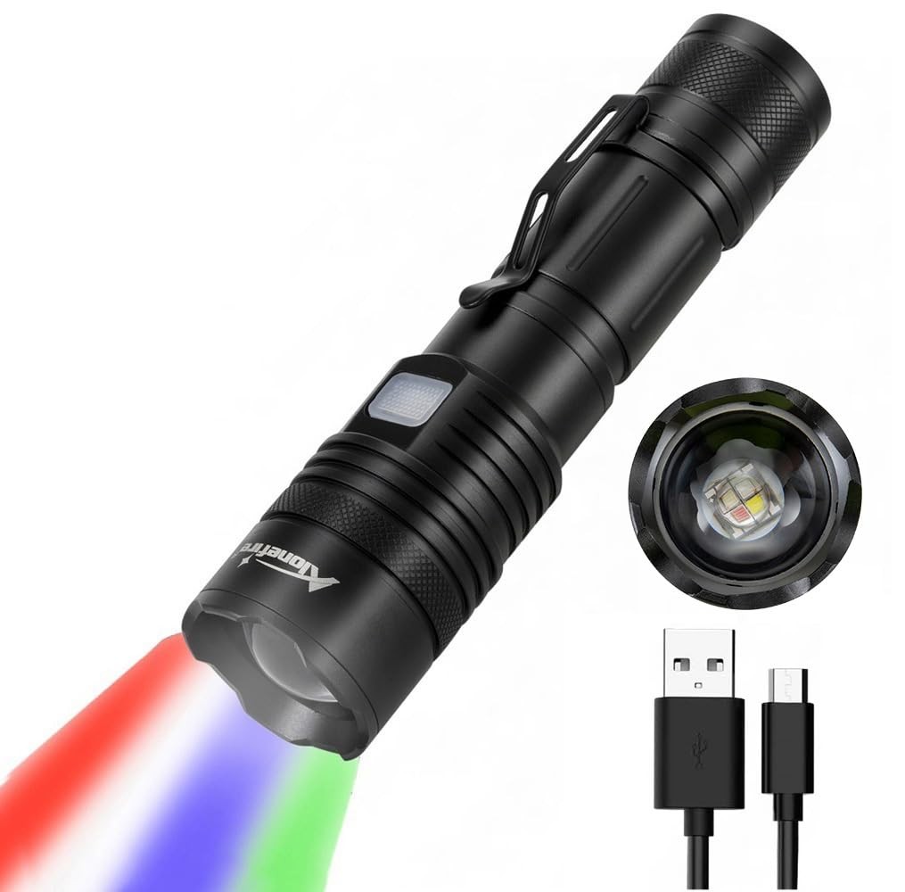 ALONEFIRE X37 Multicolor LED Flashlight 4 Color Change White Blue Green Red L…