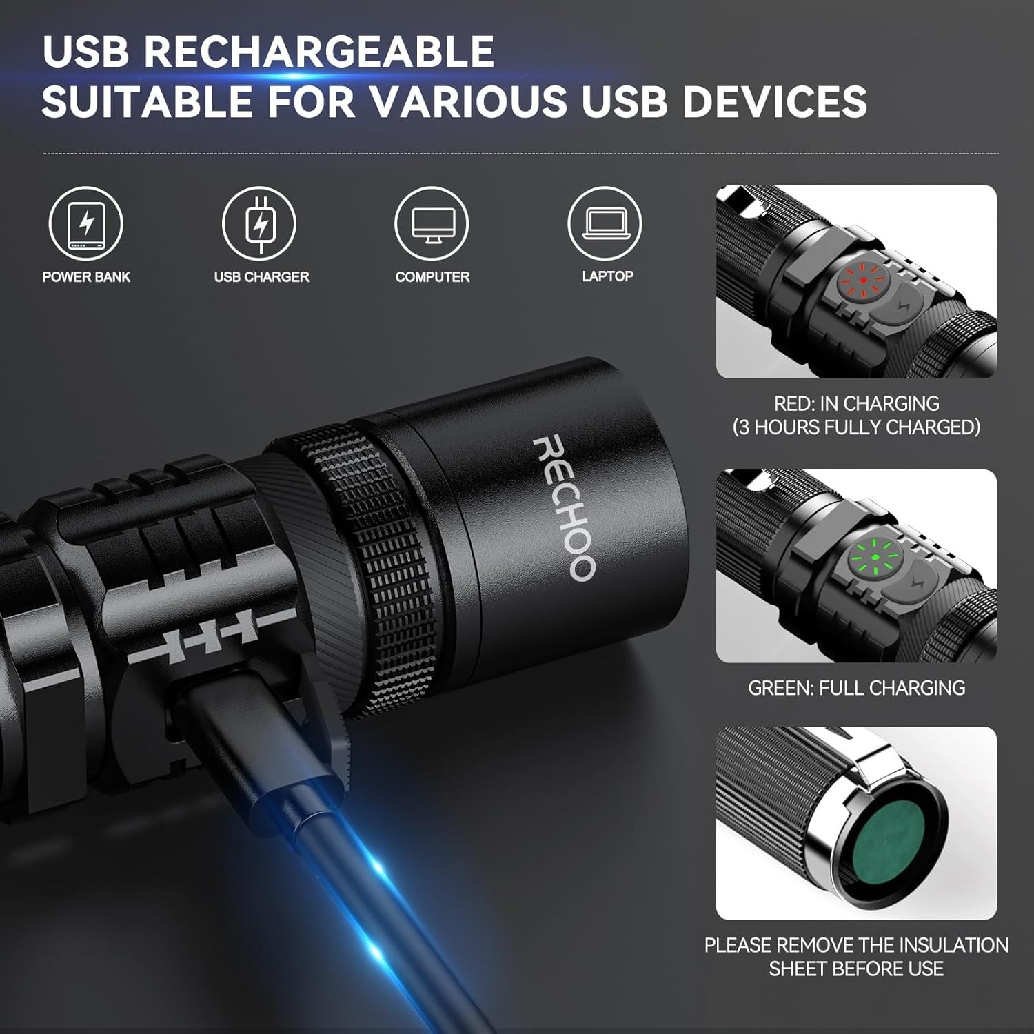 “Rechargeable Flashlights High Lumens, Double Switch 1 Pack, Black “