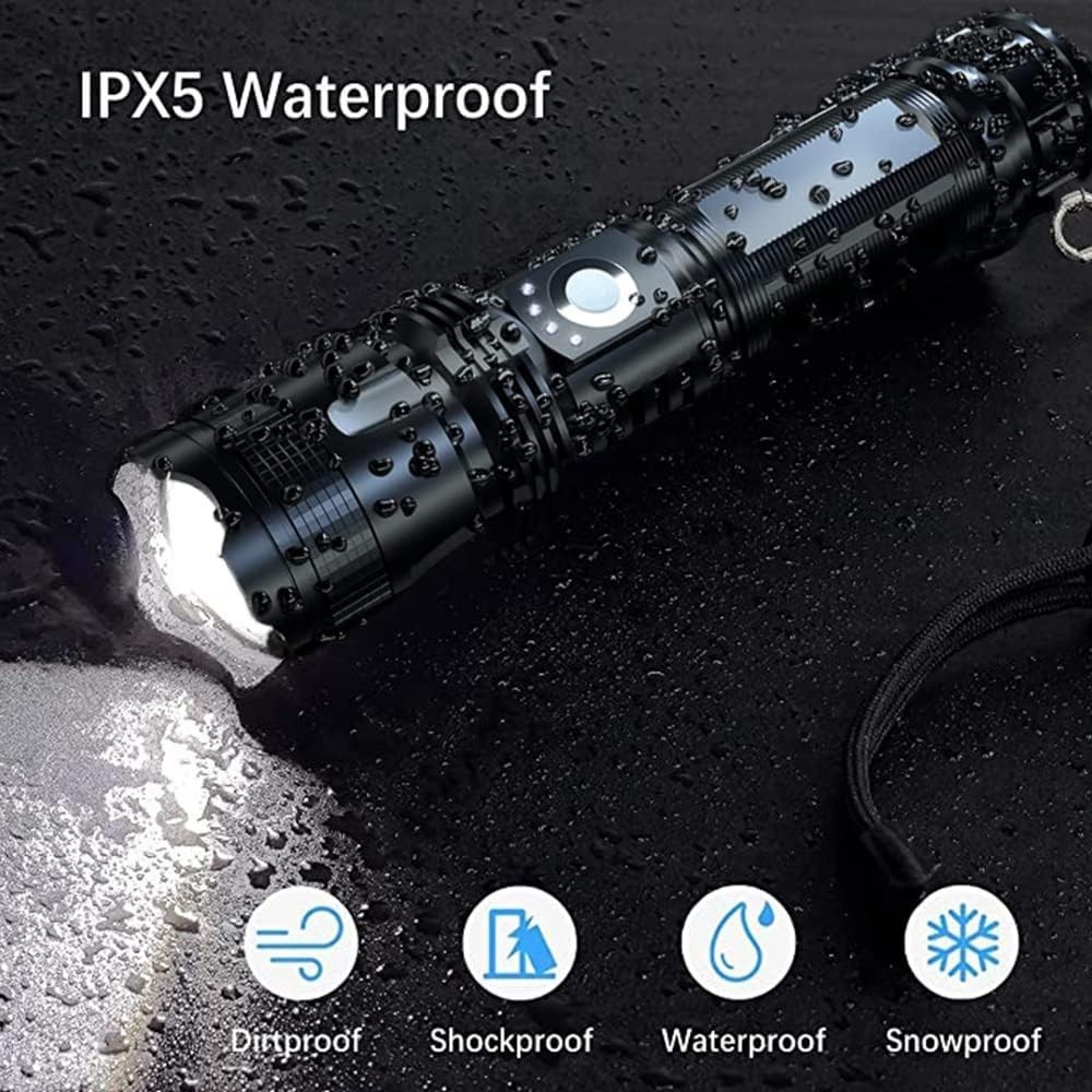 90000 Lumens Rechargeable Tactical Flashlight – 5 Modes, Waterproof & Adjustable