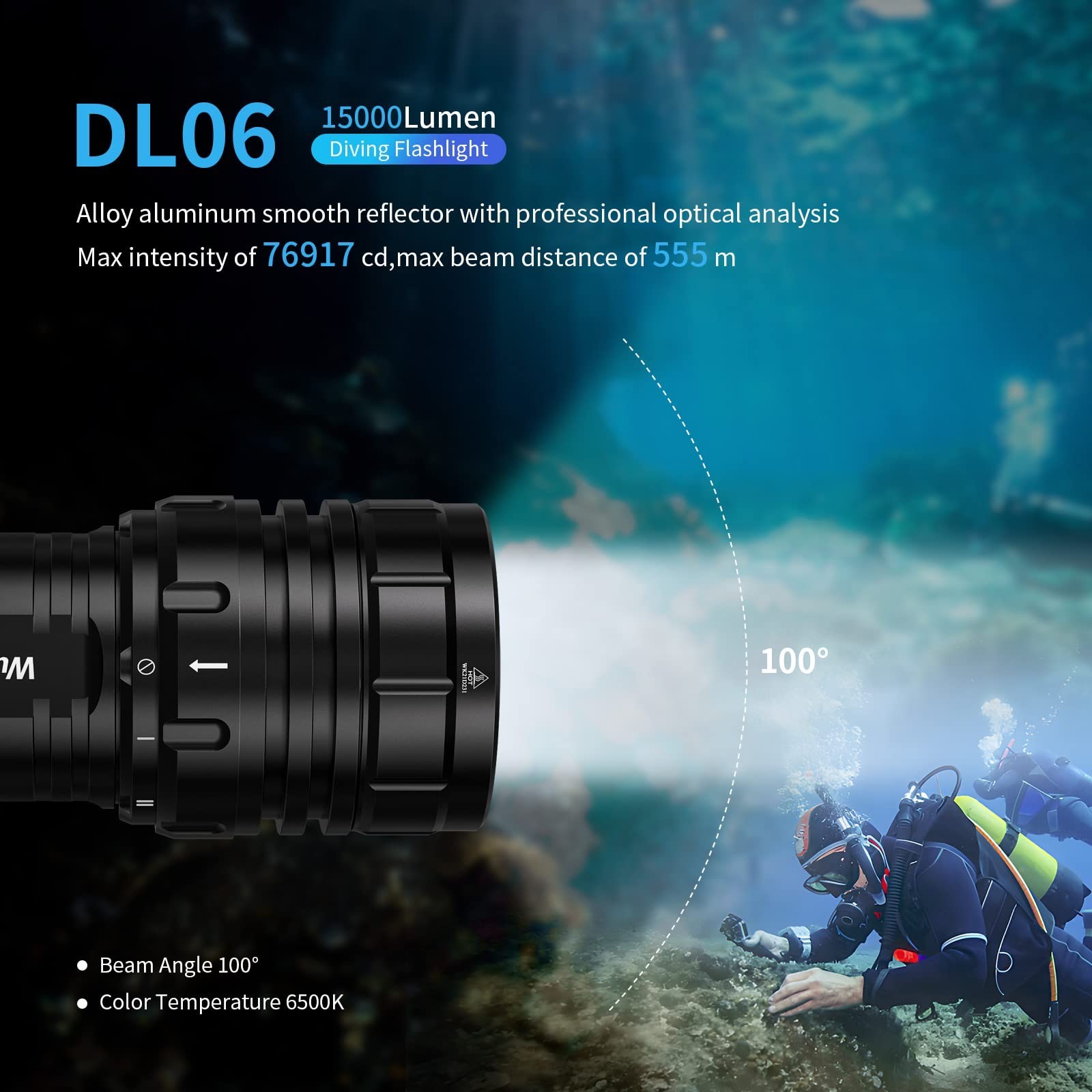 Wurkkos Diving Flashlight DL06 Max 15000 Lumen Scuba Dive Light, 100°Beam A