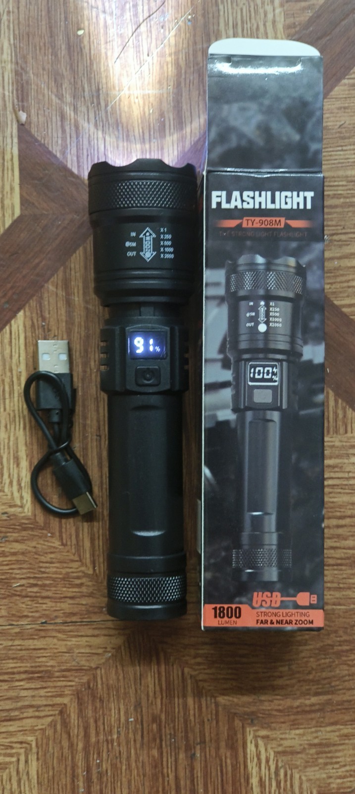 TY-908M Rechargeable Zoomable LED Flashlight 1800 lm IPX4 USB Black