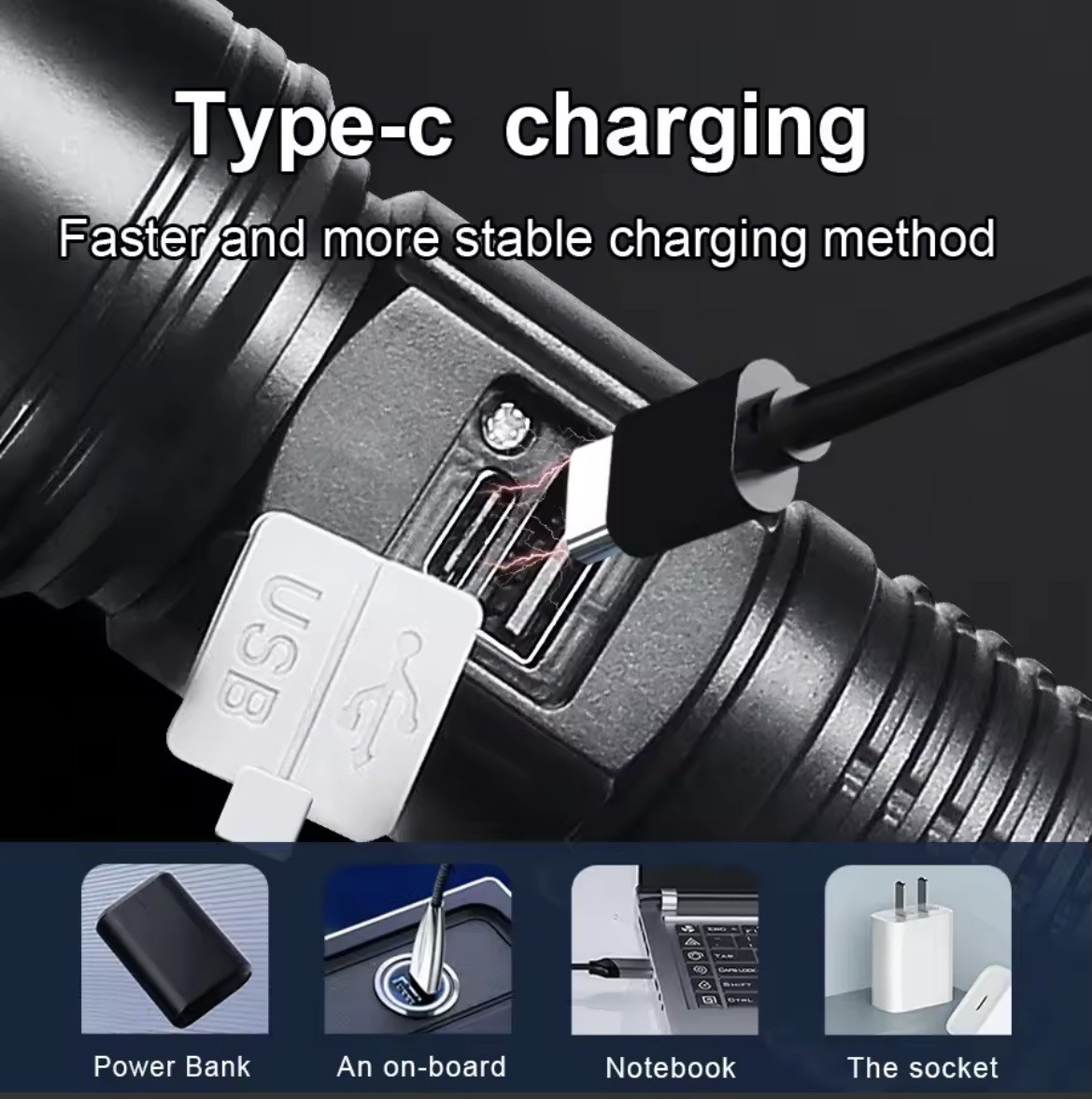 High-Power LED Flashlight with Digital Display, Zoomable, USB-C Charging, IPX6 W