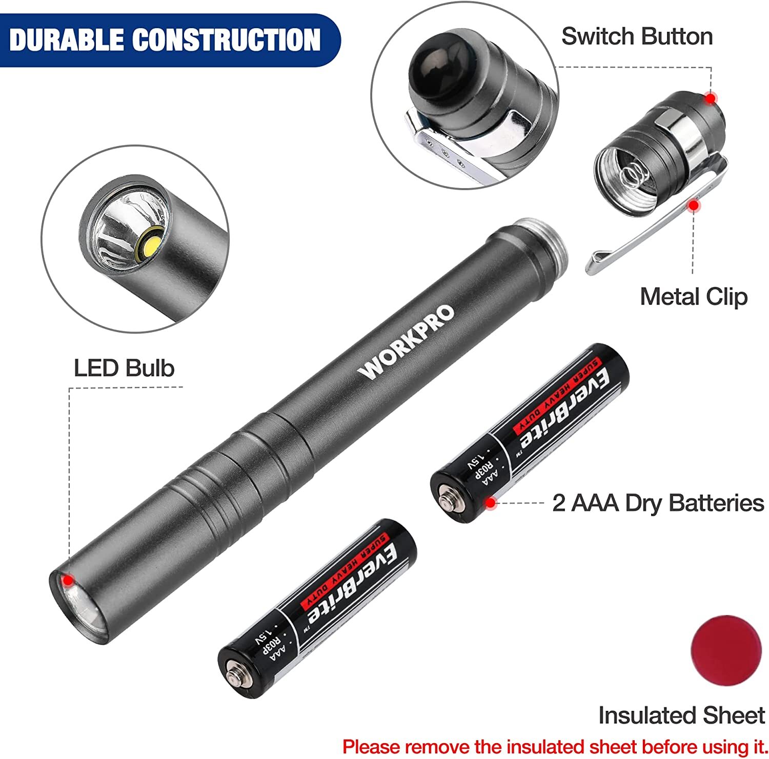 WORKPRO 4-Packs Gray/Blue LED Pen Light Set Pocket Pen Flashlight Penlight Light
