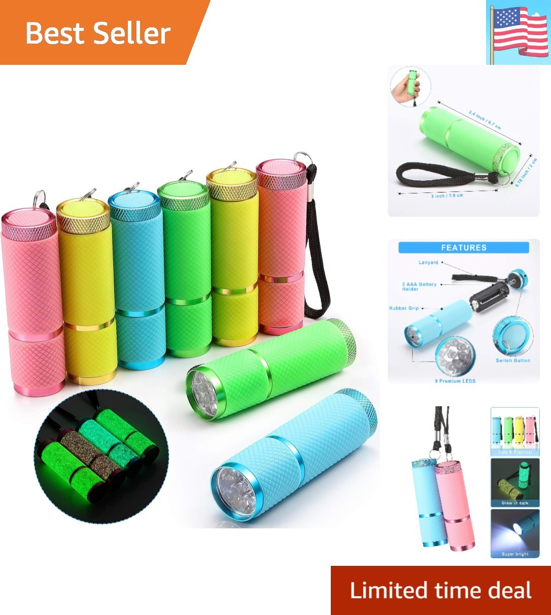 8 Pieces Glow in Dark Flashlights Set, 9 LED Mini Flashlights Rubber Coated w../