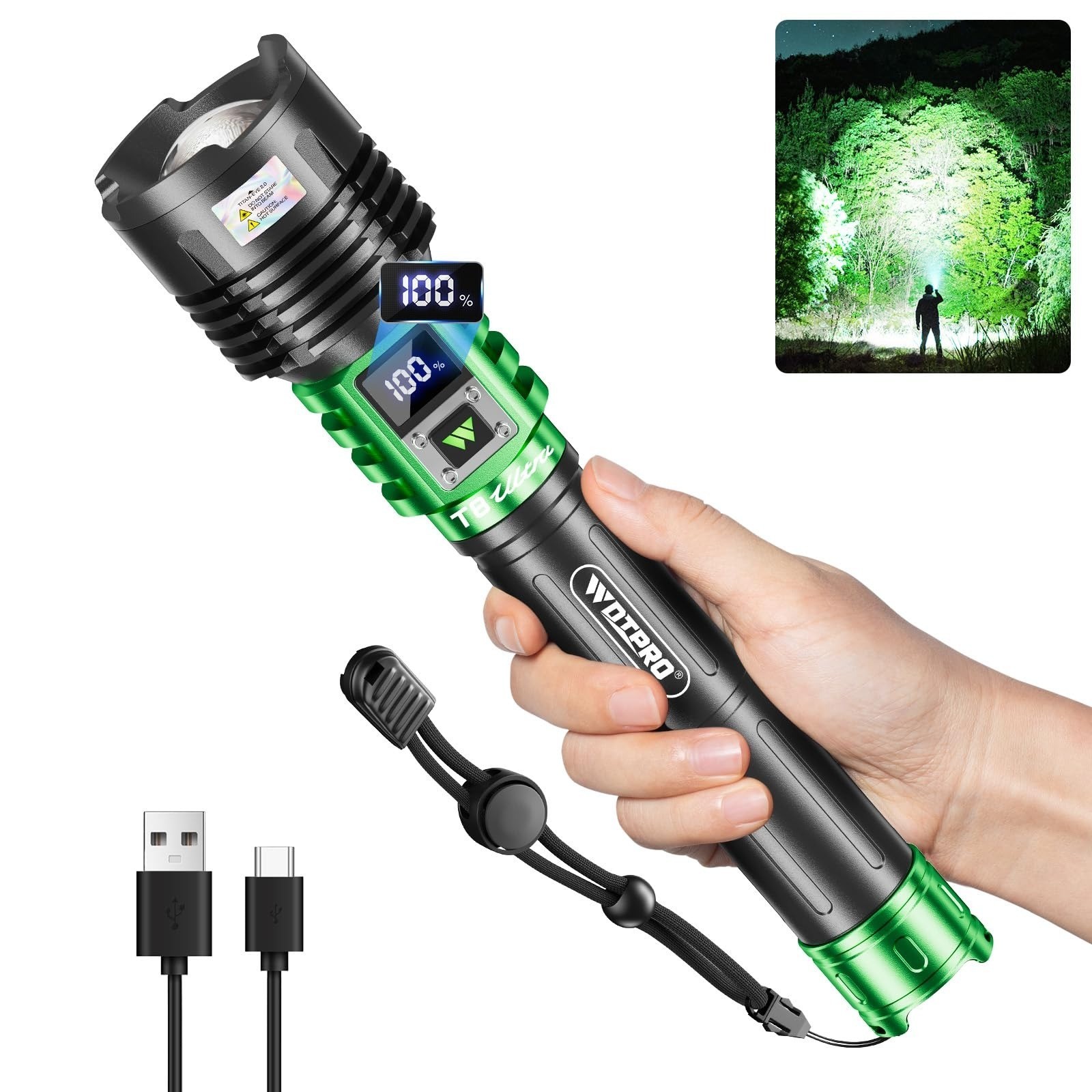 WdtPro Rechargeable LED Flashlight 90000LM Waterproof 5 Modes