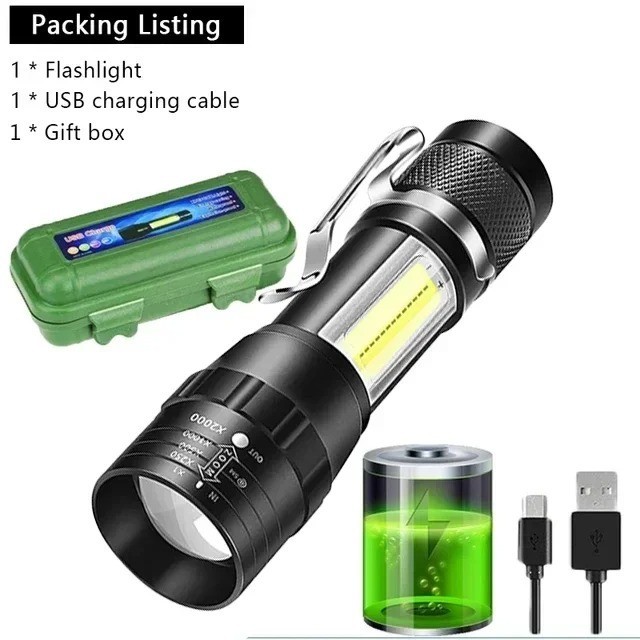 Mini COB XPE Flashlight USB Rechargeable Zoomable Torch Camping