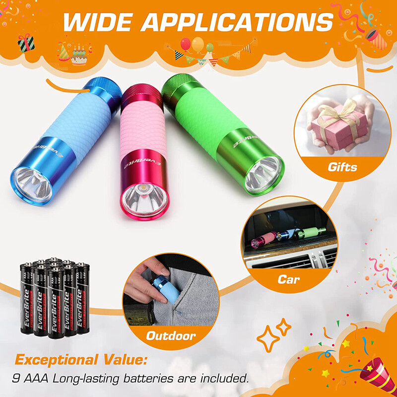 EverBrite 3Pack Mini LED Flashlight Glow Dark Aluminum Flashlight 8AAA Batteries