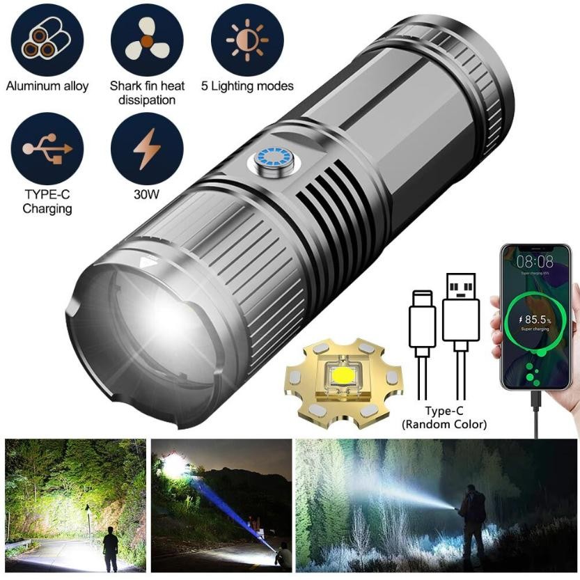 Strong LASER LEP Flashlight Torch Zoom USB Rechargeable 30W 30000LM White Light