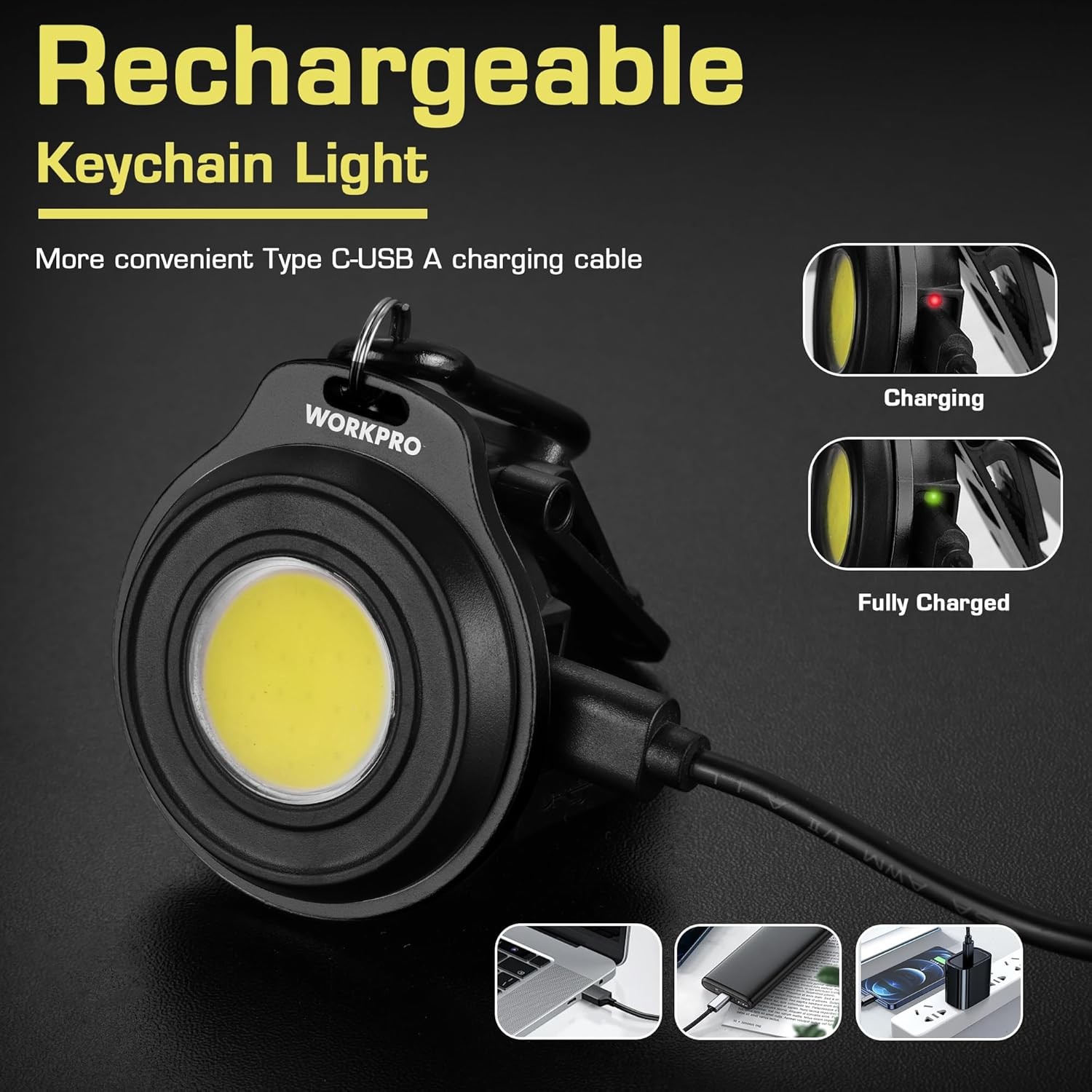 WORKPRO Rechargeable Magnetic Mini Keychain Work Light COB Flashlight w/Hat Clip