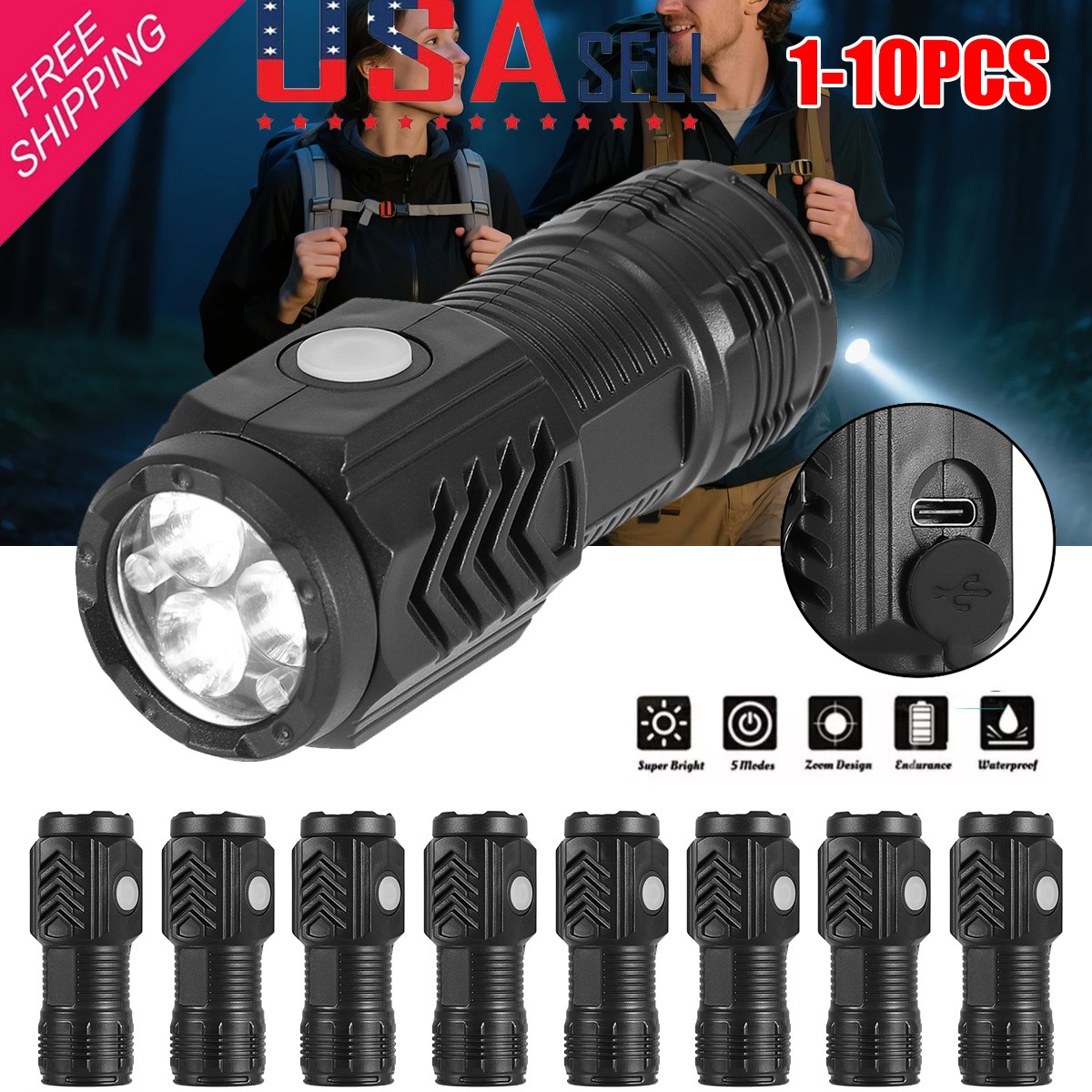 1-10Pack Super Bright LED Flashlight Tactical Rechargeable LED Work Lights Torch
