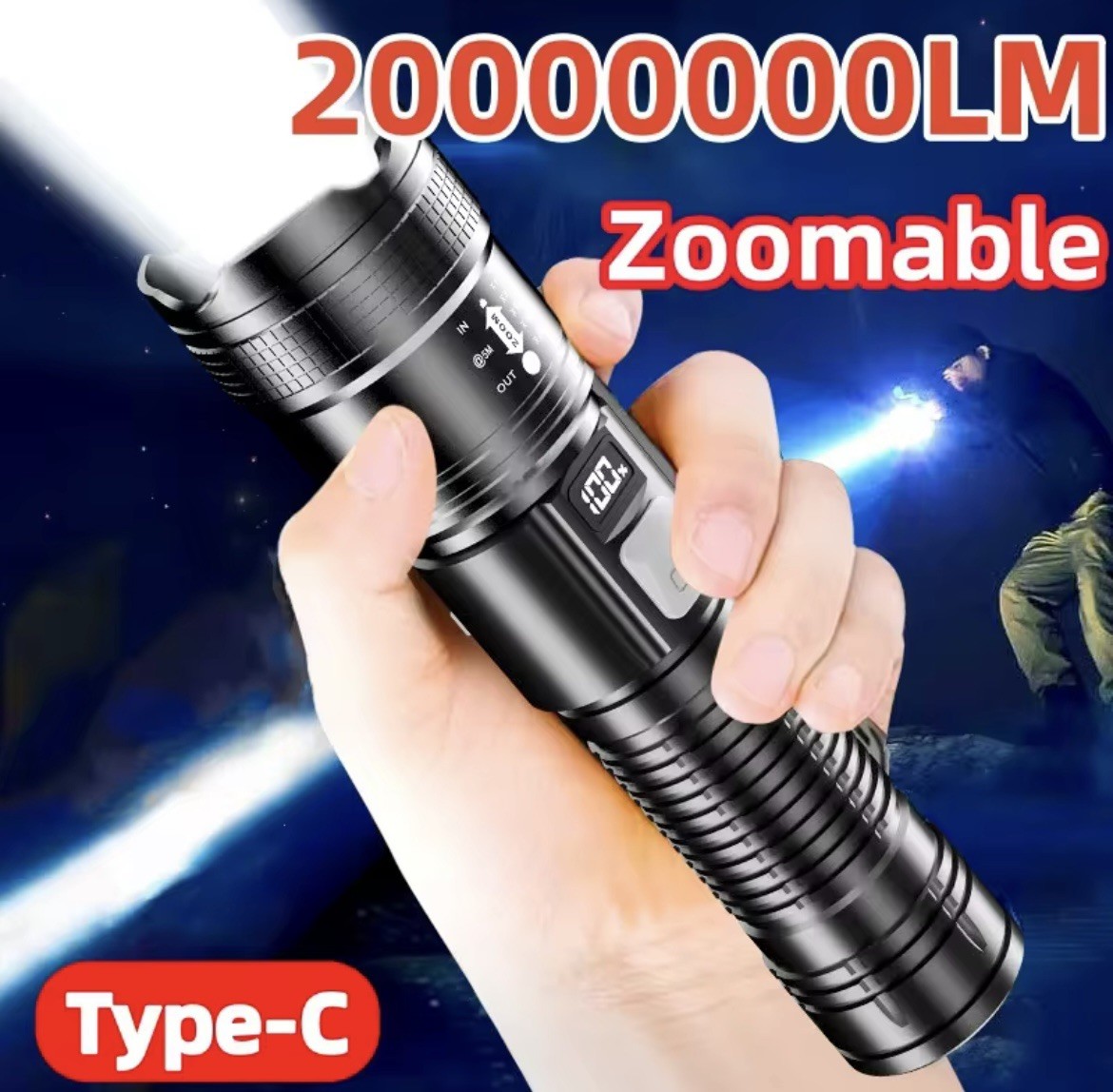 High-Power LED Flashlight with Digital Display, Zoomable, USB-C Charging, IPX6 W