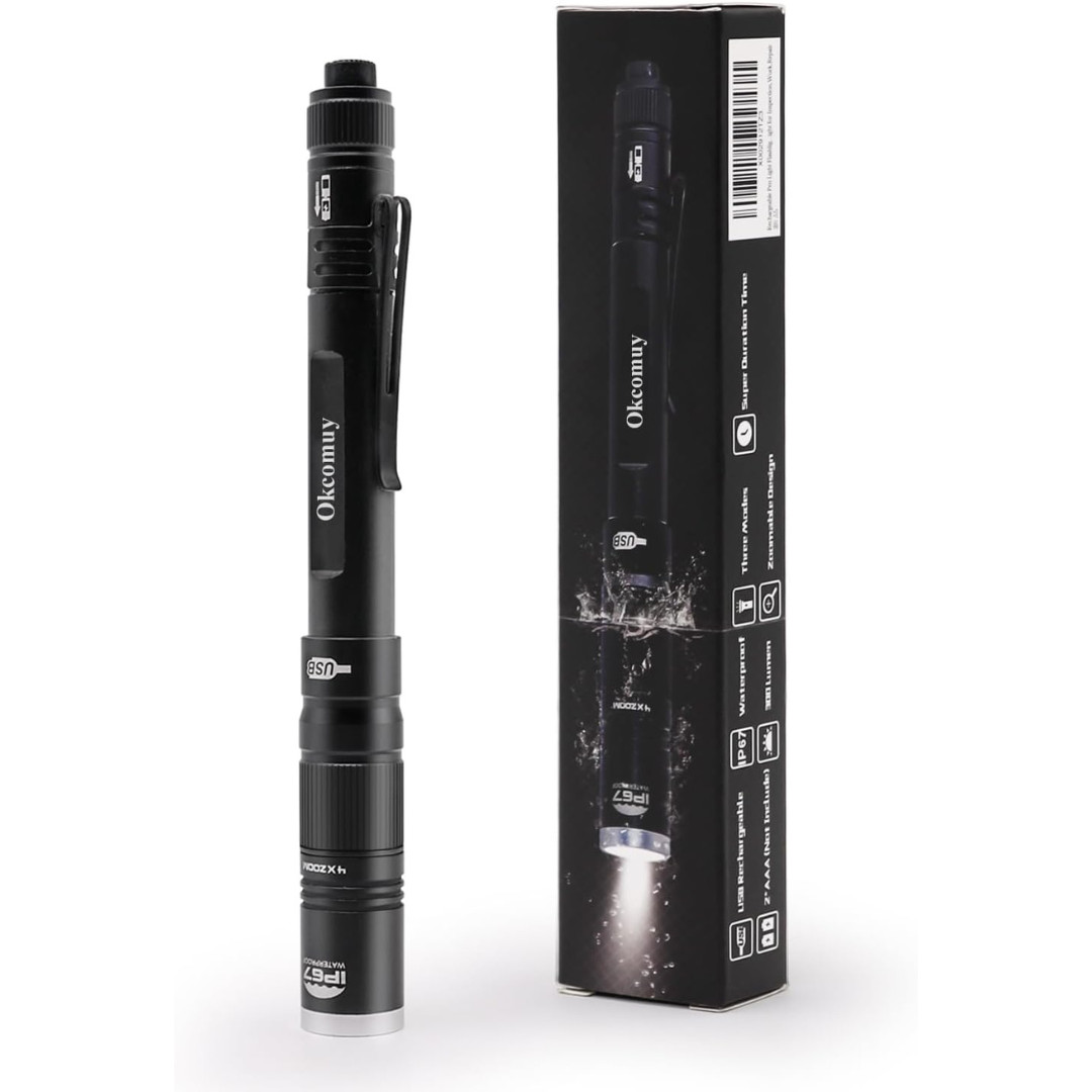 Rechargeable Pen Light Flashlight IP67 Waterproof with Pocket Clip 4-Zoomable