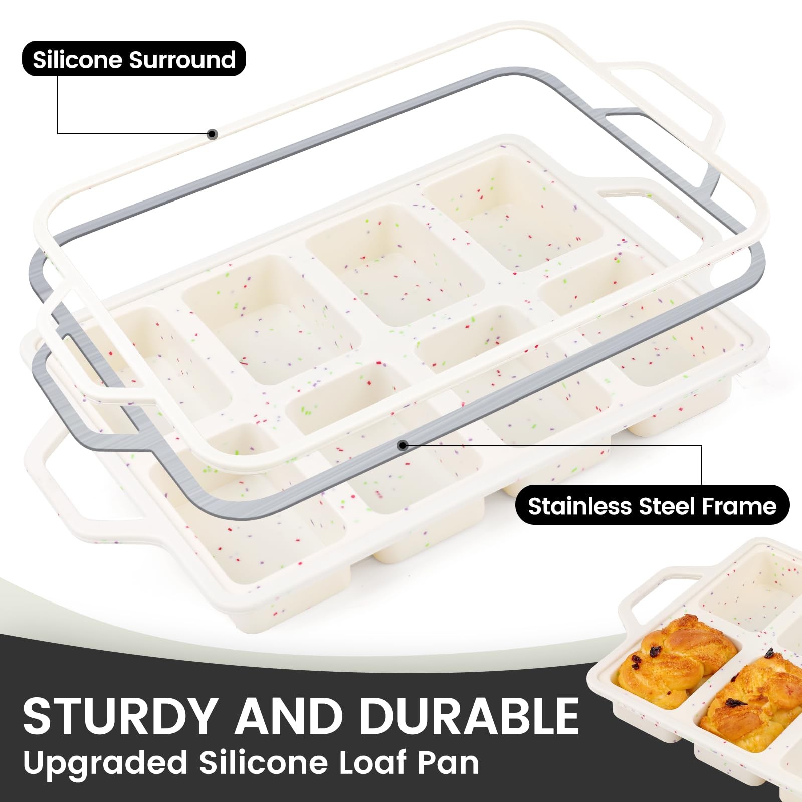 Vinino Silicone Mini Loaf Pans with Metal Reinforced Frame-1 Loaf, Cream