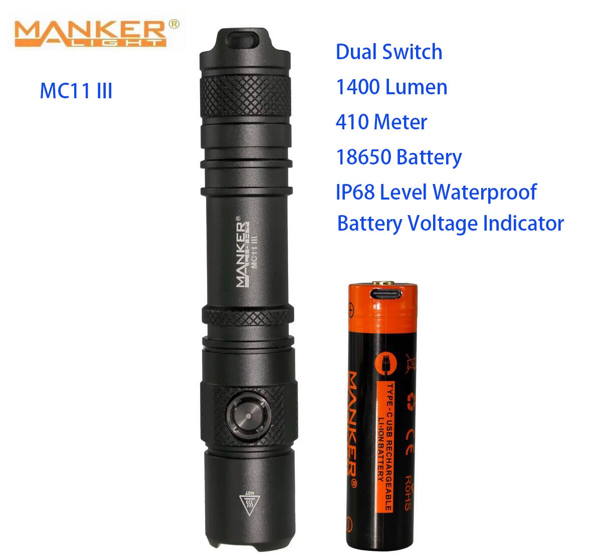 Manker Light MC11 iii Dual Switch Tactical LED Flashlight 1400Lumen Rechargeable