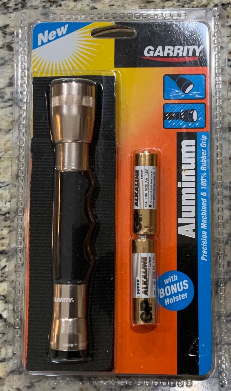Garrity Aluminum Flashlight Rubber Grip & Holster Krypton Bulb Rugged New Sealed