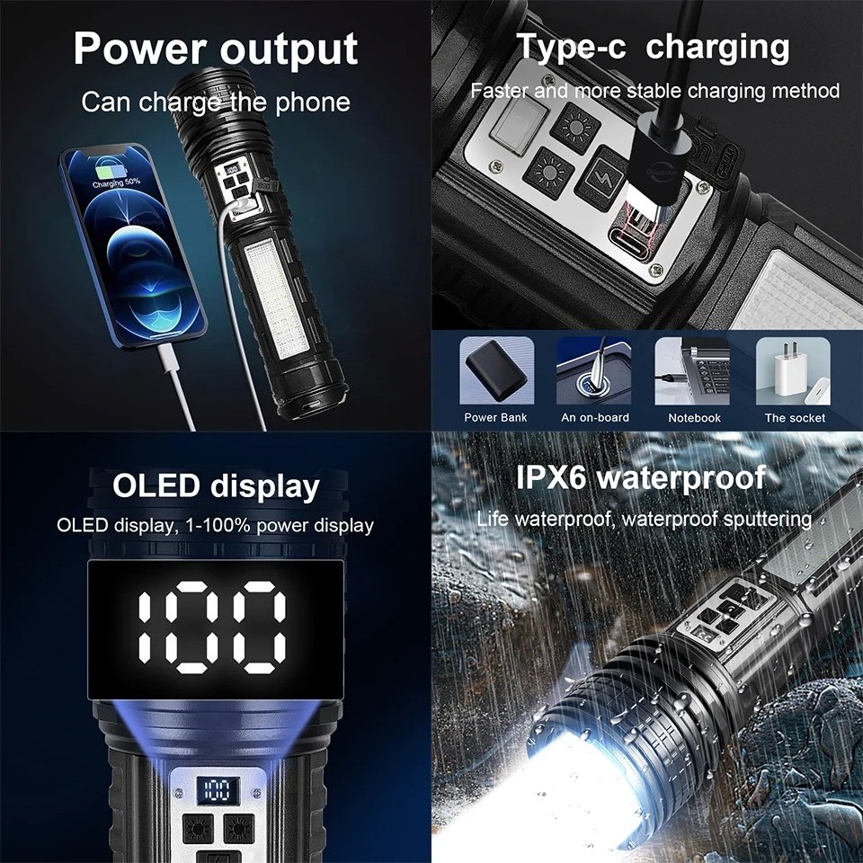 High Power LED Flashlight Dual Lights Warm and White Lamp with COB Zoomable US