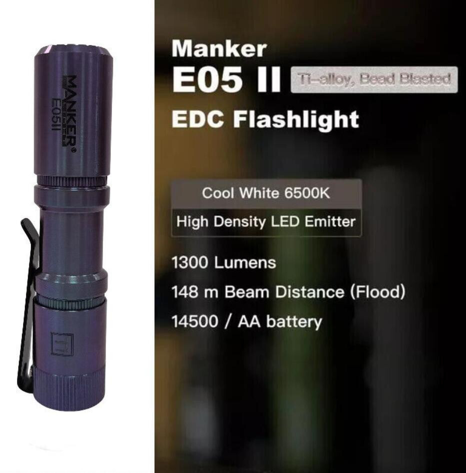 Mankerlight E05 II Titanium EDC Flashlight 1300 Lumens AA 14500 Torch Kit