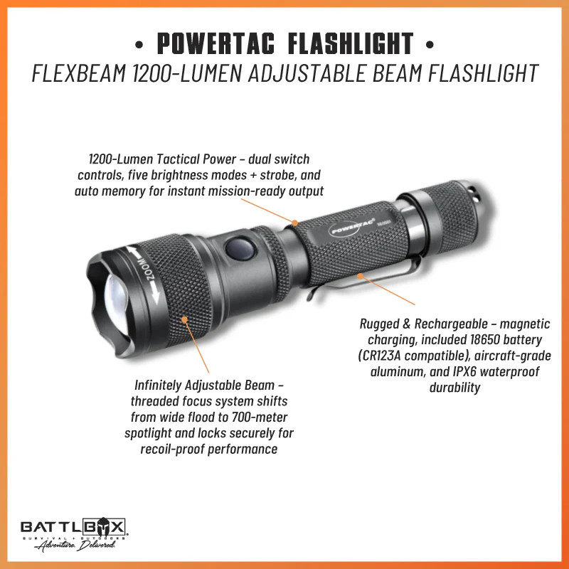 PowerTac FlexBeam 1200 Lumen Adjustable Beam Rechargeable Flashlight EDC Gear