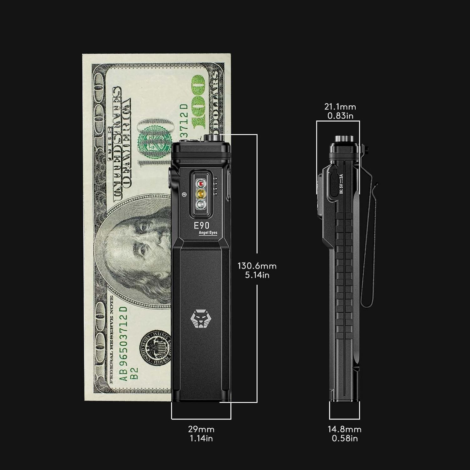 E90 USB-C Rechargeable EDC Flashlight, 3500 Lumens, Proximity Sensor, Black