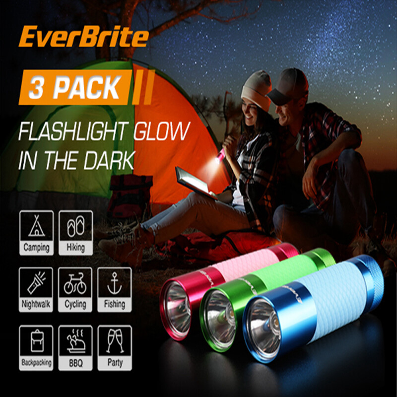 EverBrite 3Pack Mini LED Flashlight Glow Dark Aluminum Flashlight 8AAA Batteries
