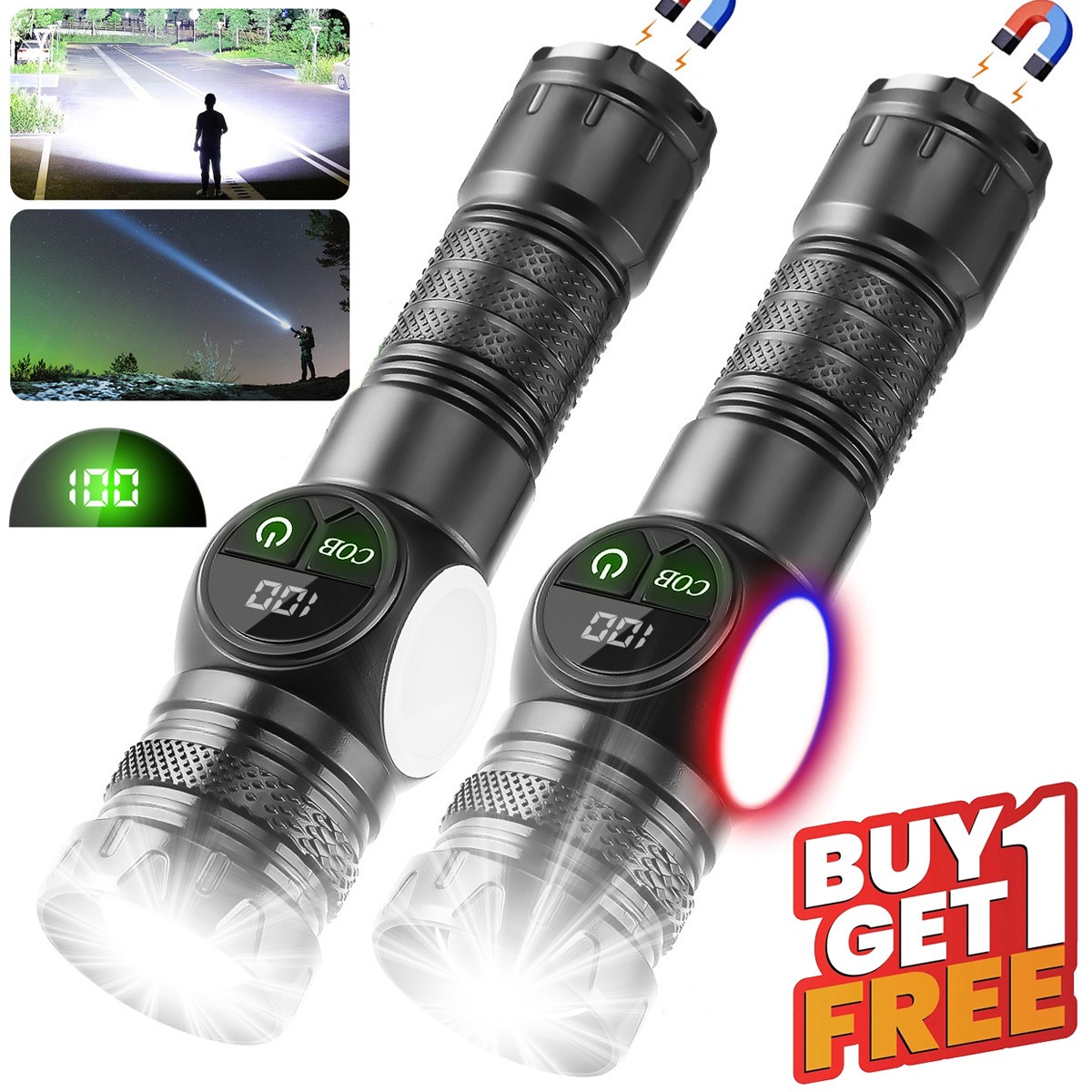 2PACK Rechargeable LED Flashlight Super Bright Magentic 30W Torch COB Work Light