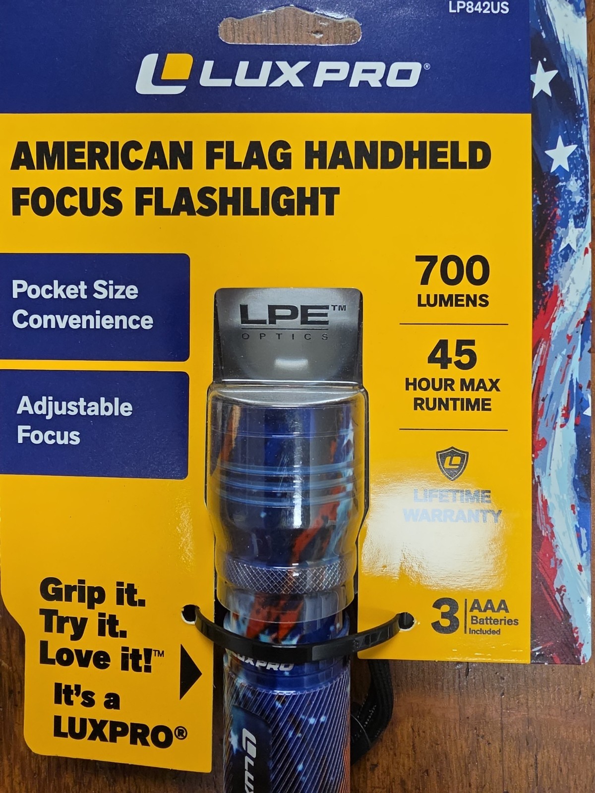 Lux-Pro LP842US Patriotic 700 Lumen LED Flashlight Adjustable Focus USA Flag