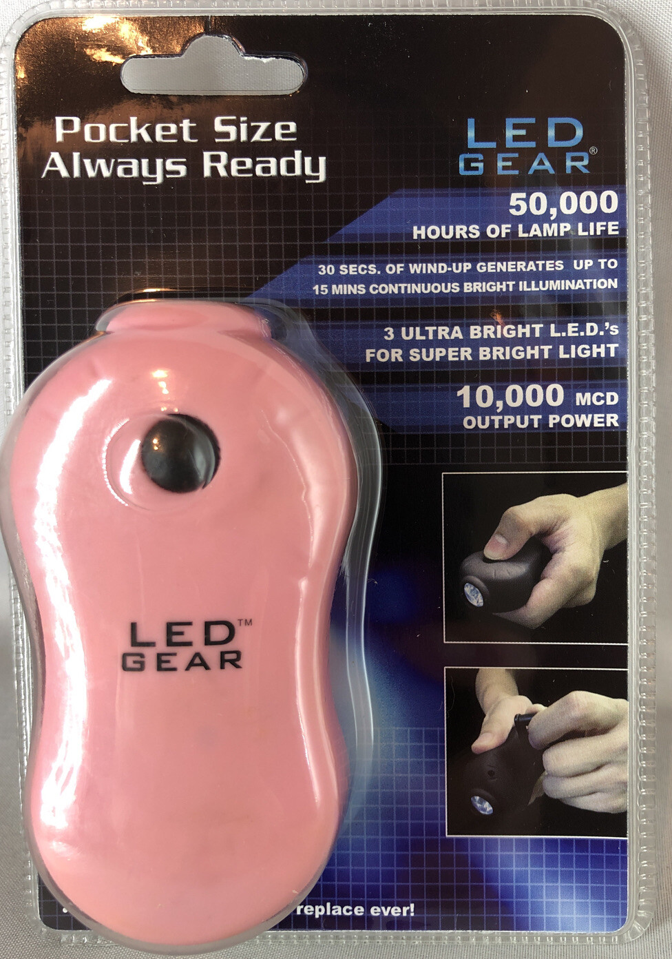 LED Gear Wind Up LED Light Pocket Size 50,000 Hours Lamp Life Pink Silver Black