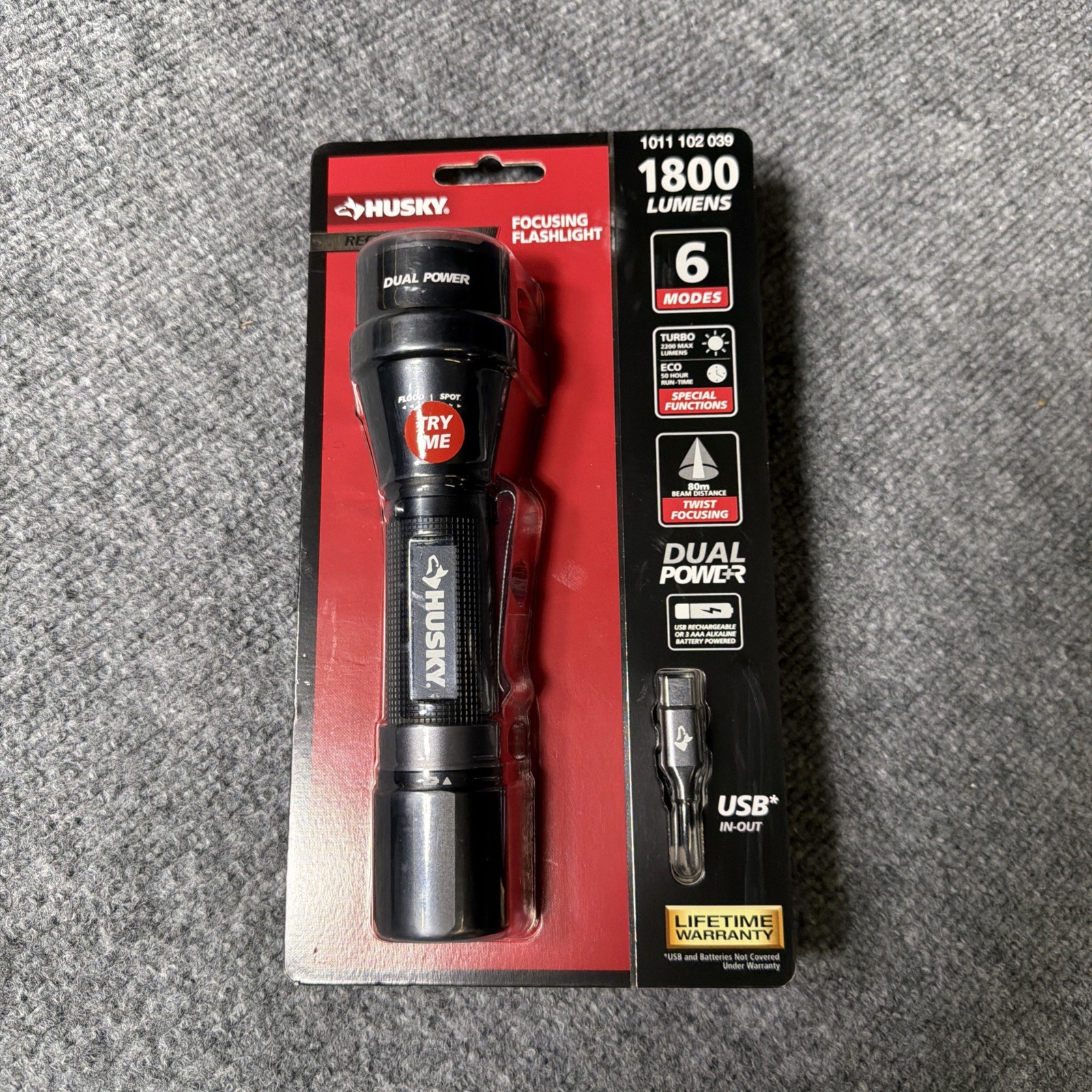 Husky 1800 Lumens Dual Power LED Rechargeable Tactical Focusing Flashlight