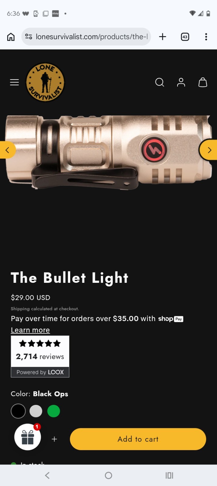 Lone Survivalist Bullet Mini Flashlight 1300 Lumens Color-Silver MSRP $29