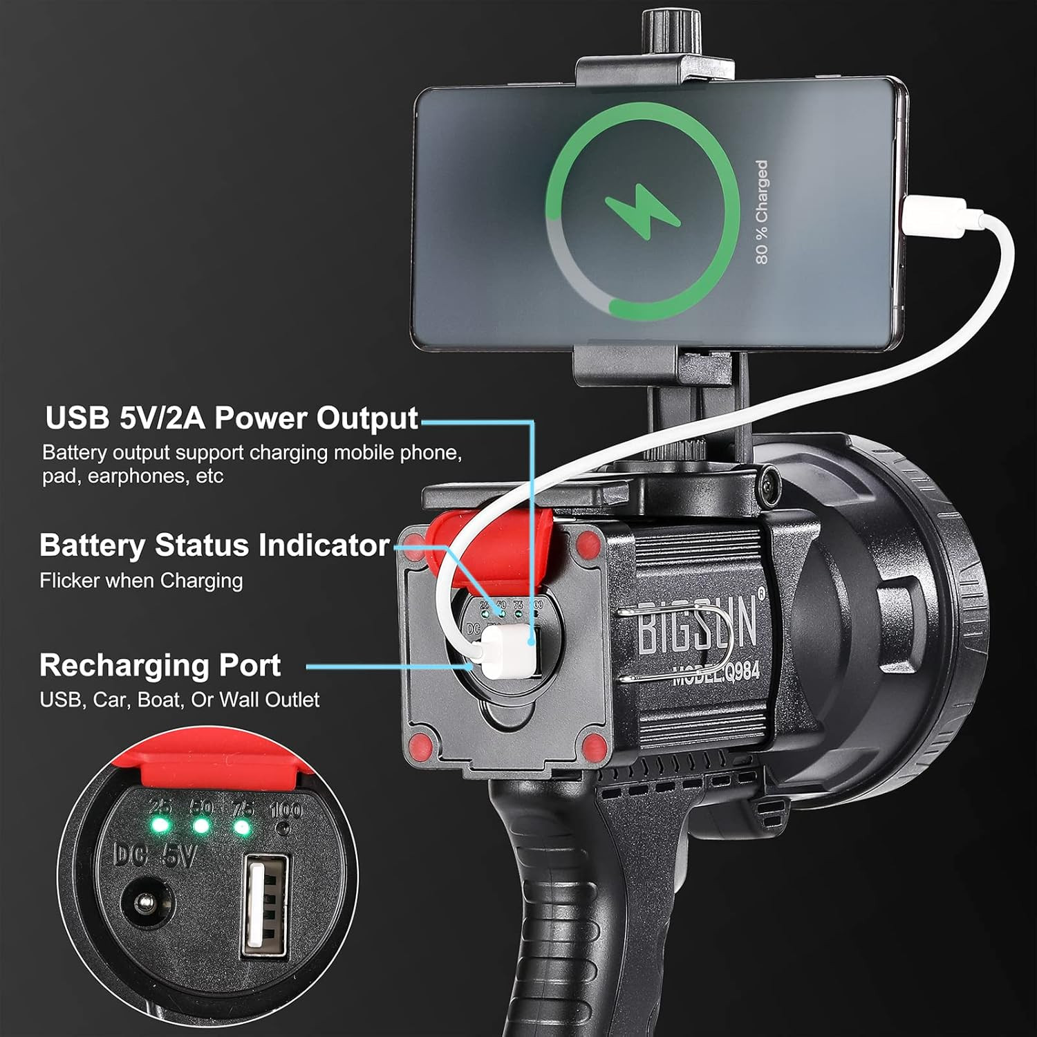 High Lumen 1200,000 LED Spotlight with Phone Holder & 4 Color Filters