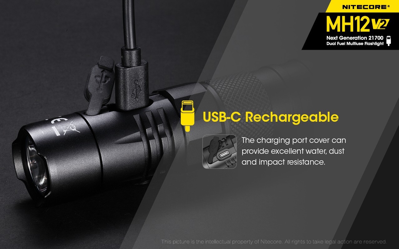 NITECORE MH12 v2 1200 LM USB-C Rechargeable Tactical Flashlight + NL2150 Battery