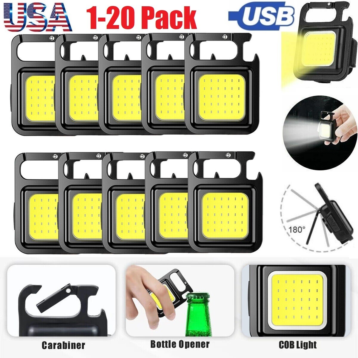 Portable Keychain Light Mini USB Rechargeable LED Flashlight COB Work Lamp Torch