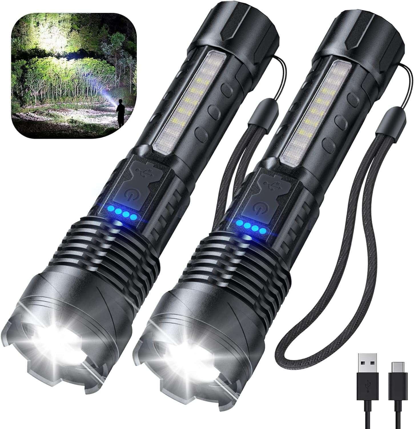 Flashlight High Lumens Rechargeable 2 Pack, 90000 Lumen Super Bright Led Flashli
