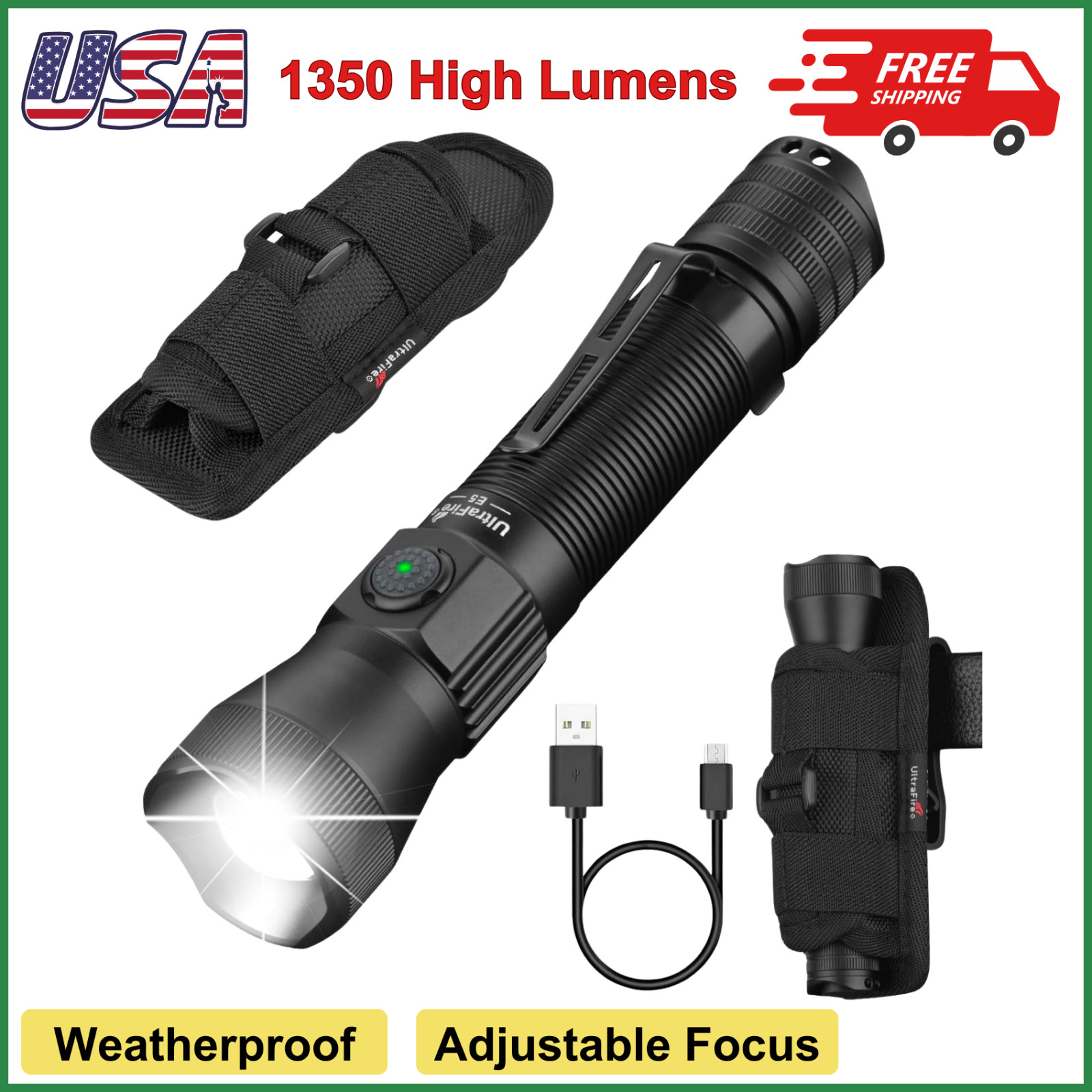 ULTRAFIRE Tactical Flashlight with Holster, 1350 High Lumens Law Enforcement E5