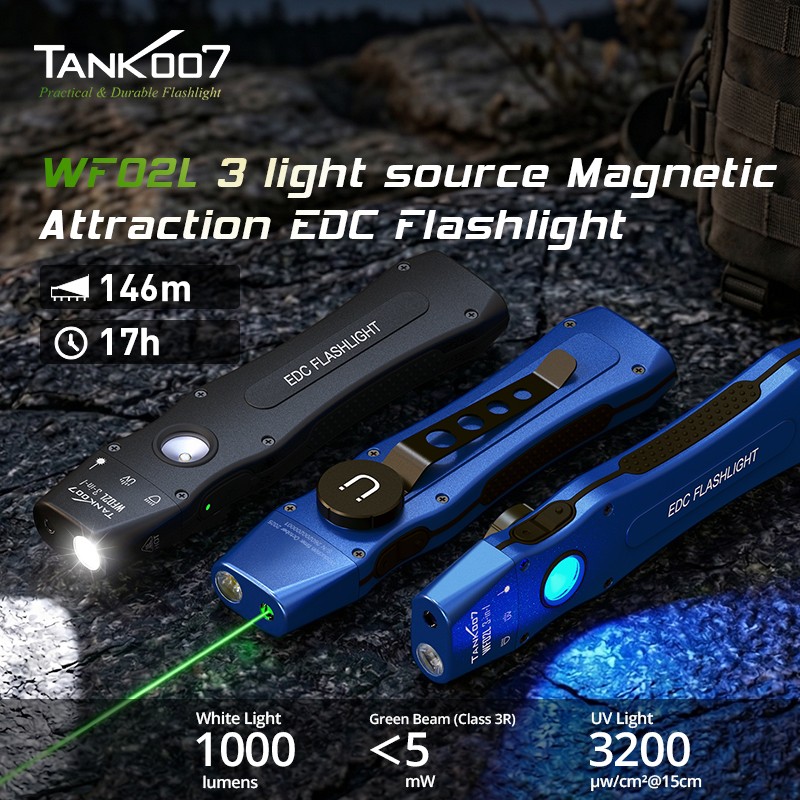 1000LM 3-in1 EDC Flashlight UV Red Blue Light Green Pointer Magnetic Work light