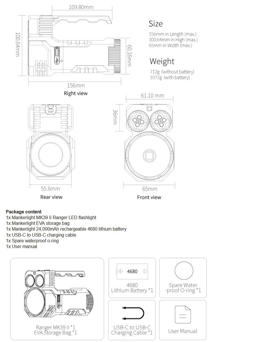 Mankerlight MK39 II High Power Flashlight 25000LM Spotlight +Floodlight 9x LEDs