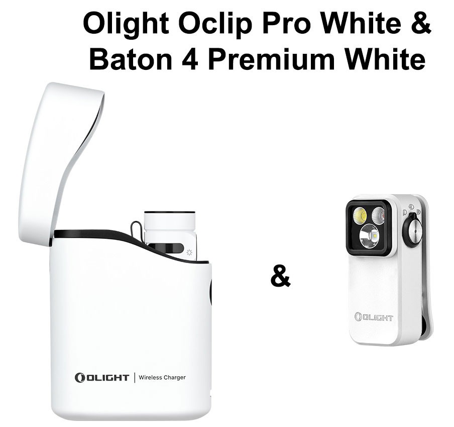Olight Baton 4 Premium White Flashlight & & Oclip Pro White Clip on Flashlight