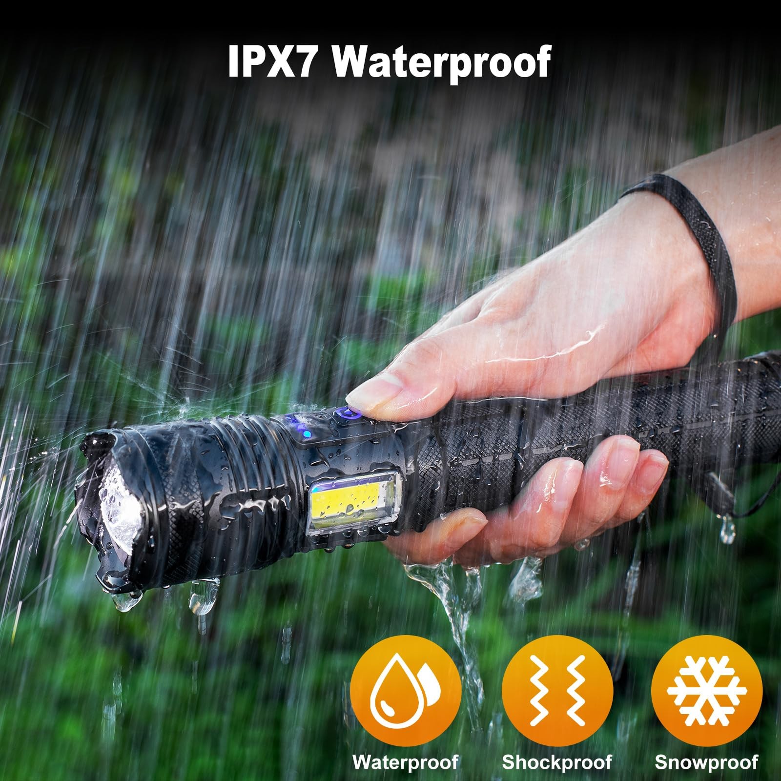 Rechargeable 90000 Lumen Flashlight, Cob Light, 7 Modes, IPX7 Waterproof