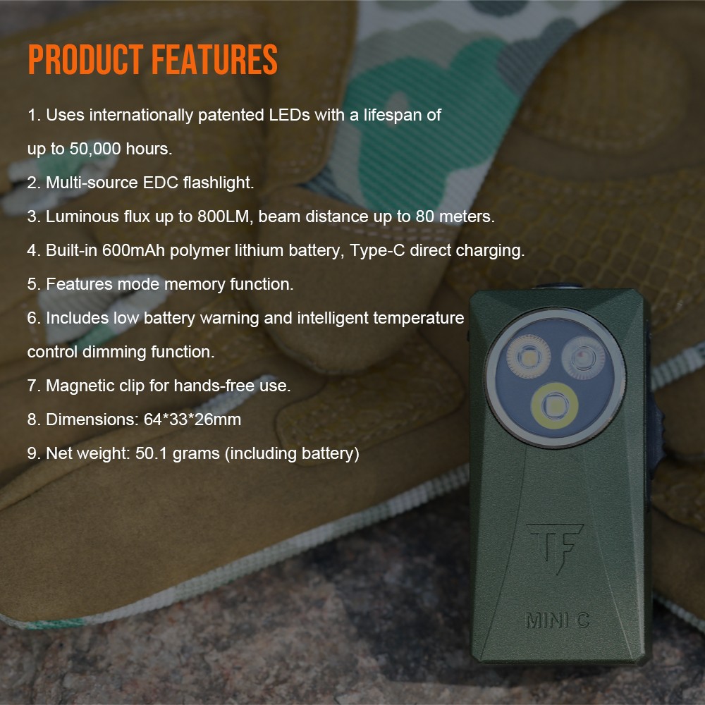 TrustFire Mini-C EDC Flashlight Clip-on 800 Lumens Flat RGB Light LED Flashlight