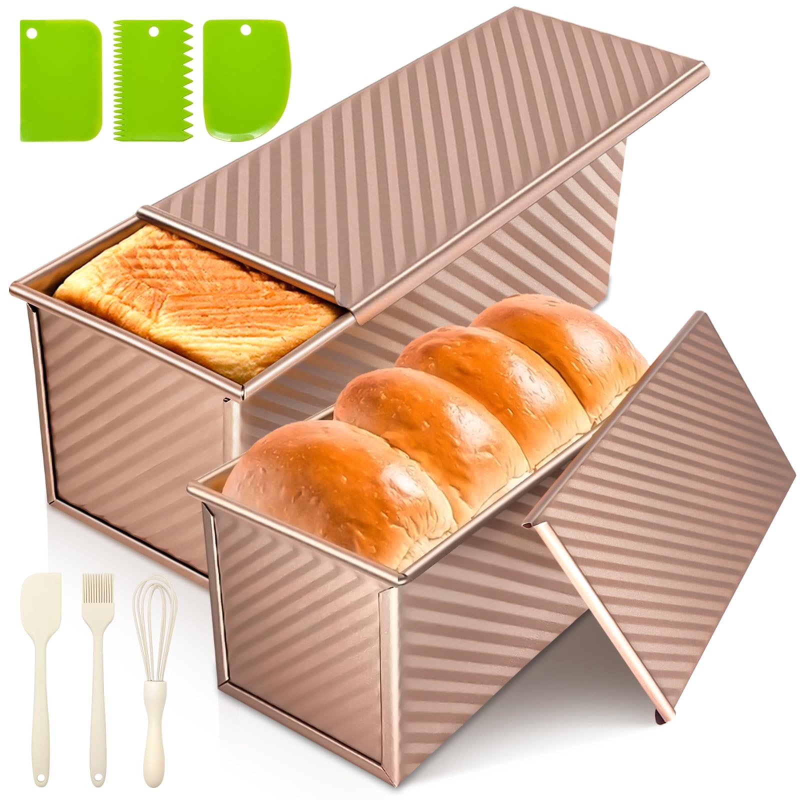 Dipanist 2Pack Bread Loaf Pan with Lids – 1 LB Dough Capacity, 1LB-2pcs, Gold