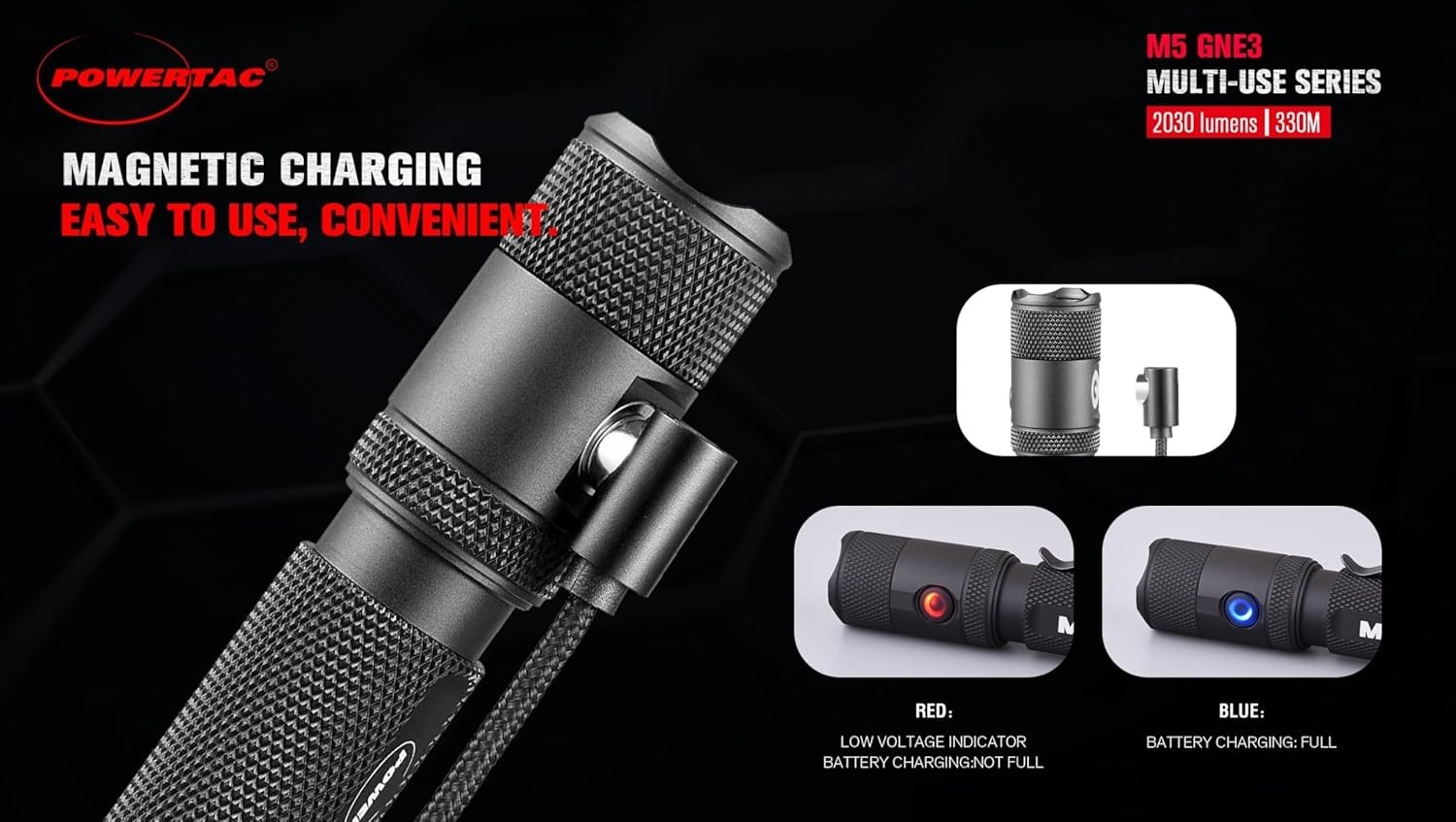 M5-G3 2030 Lumens Rechargeable Tactical Flashlight 330M Throw W/ Magnetic