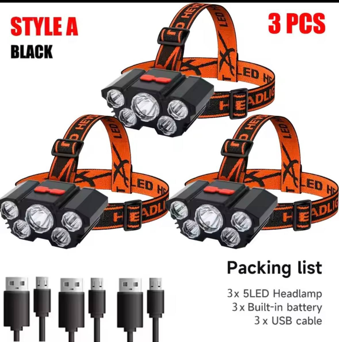 Headlamp 5 LED Flashlight Rechargeable with Built in Battery ( PACK OF 3)