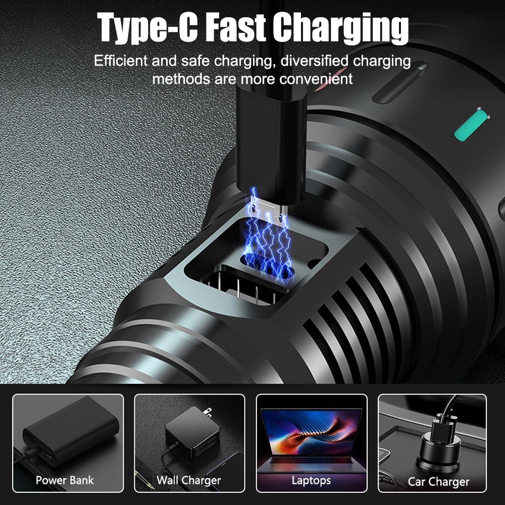 30W Strong White Laser LEP Flashlight Torch Zoomable USB Charging With Luminous