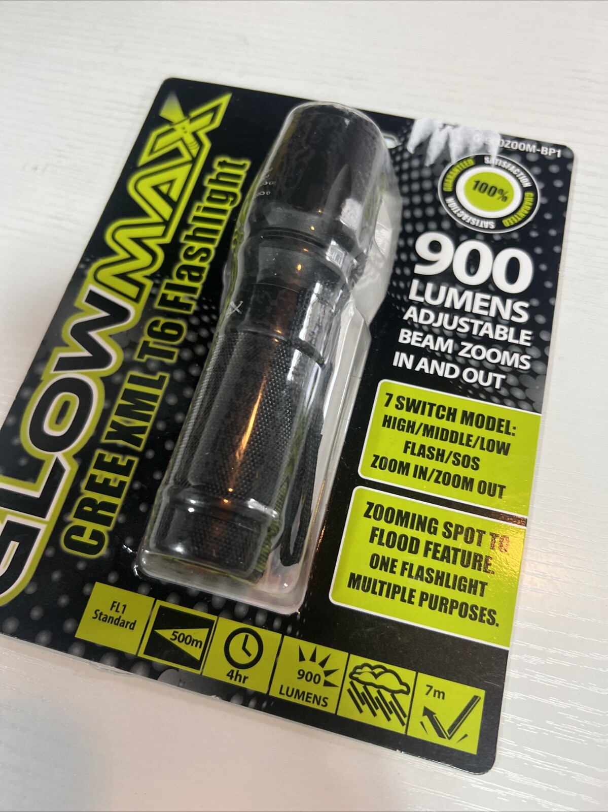 GLOW MAX FLASHLIGHT 900 LUMENS 7 Modes High Low Strobe Zoom Free USA Shipping