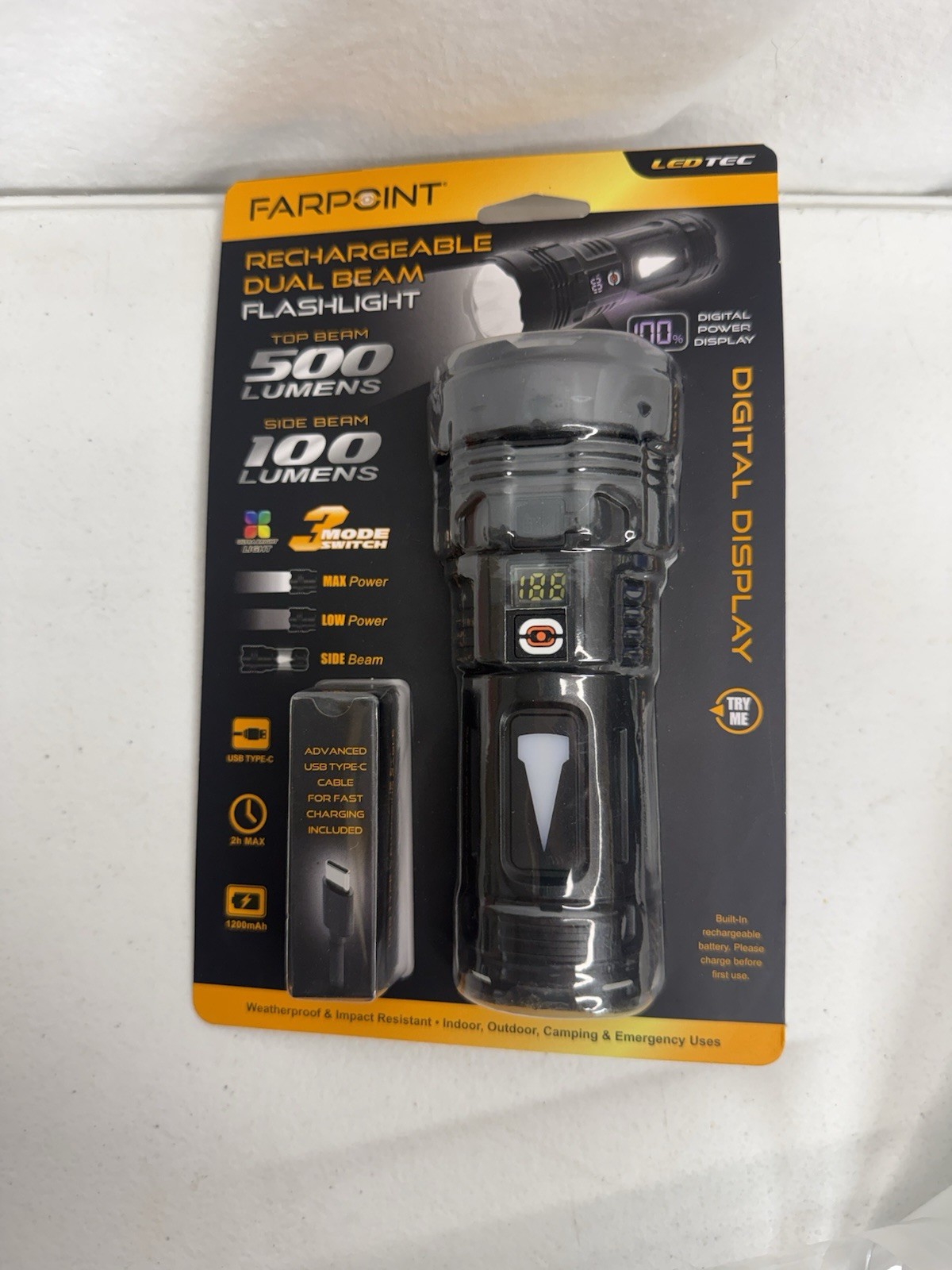 Rechargeable Dual Beam Flashlight 500 Lumen Digital Display Camping Gift for Dad