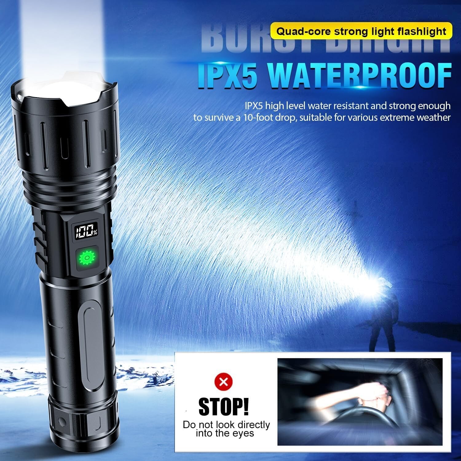 Three-Pack 2000 Lumen Tactical LED Flashlights with USB Charging & Power Display