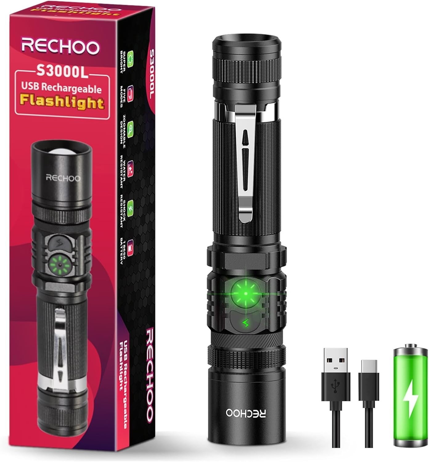 “Rechargeable Flashlights High Lumens, Double Switch 1 Pack, Black “
