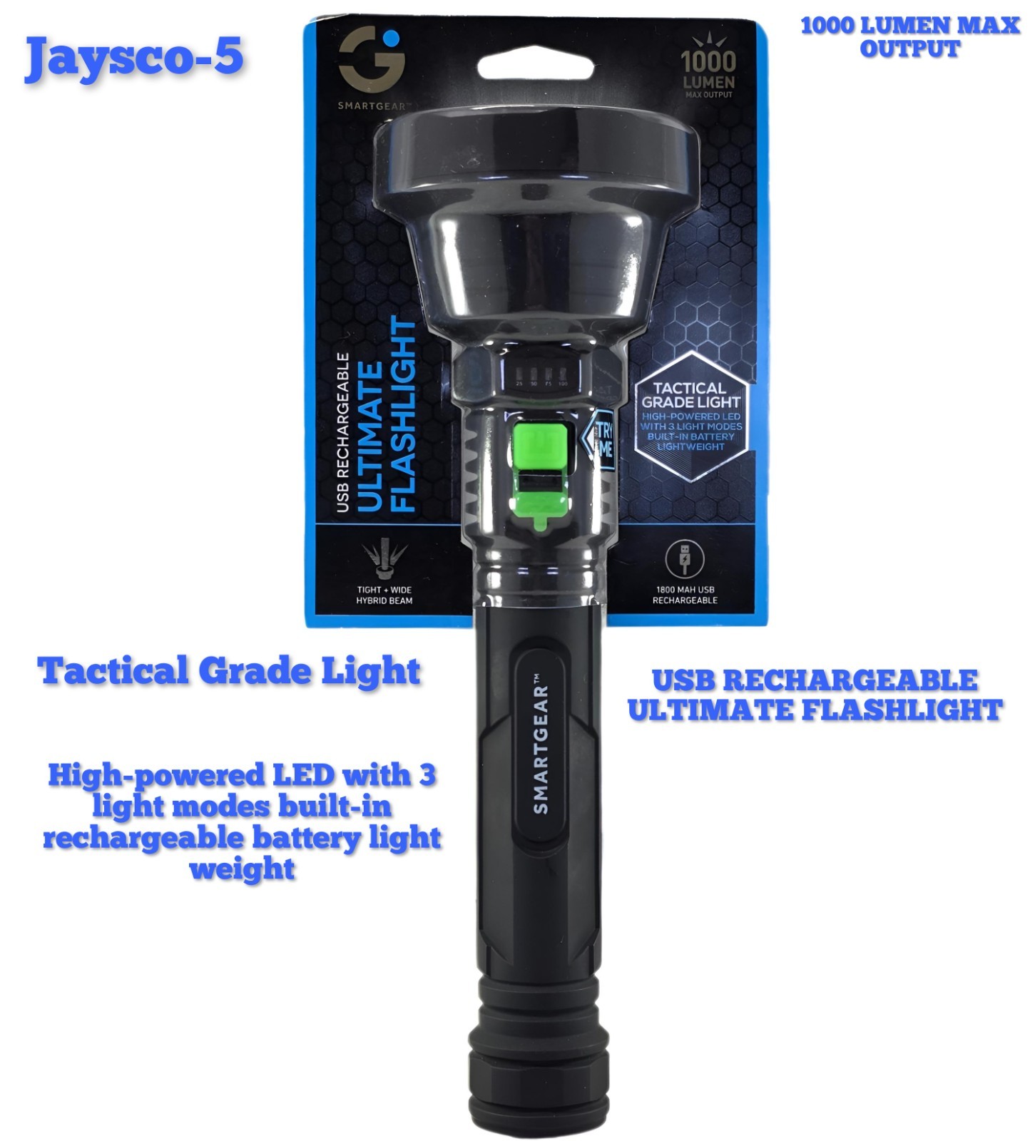 Smart Gear 1000 Lumen Flashlight With 3 Light Modes Built In USB Rechargeable
